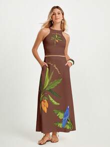 CAJUNI Women's Tropical Print Long Skirt, Casual Summer Holiday, Maxi Skirt - Brown - View 3