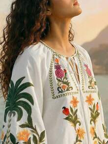 CAJUNI Women's Floral Print Front Tie Raglan Sleeve Casual Shirt - Apricot - View 1