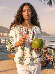 CAJUNI Women's Floral Print Front Tie Raglan Sleeve Casual Shirt - Apricot - View 6