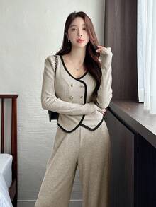 DAZY 女士优雅撞色针织上衣和阔腿裤两件套，春夏休闲套装 - 杏色 - 查看 4