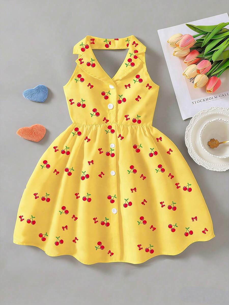SHEIN Elladie kids 女童夏季新款时尚Polo领露背吊带束腰甜美度假风连衣裙，少女正式礼服 - 黃色 - 查看 1