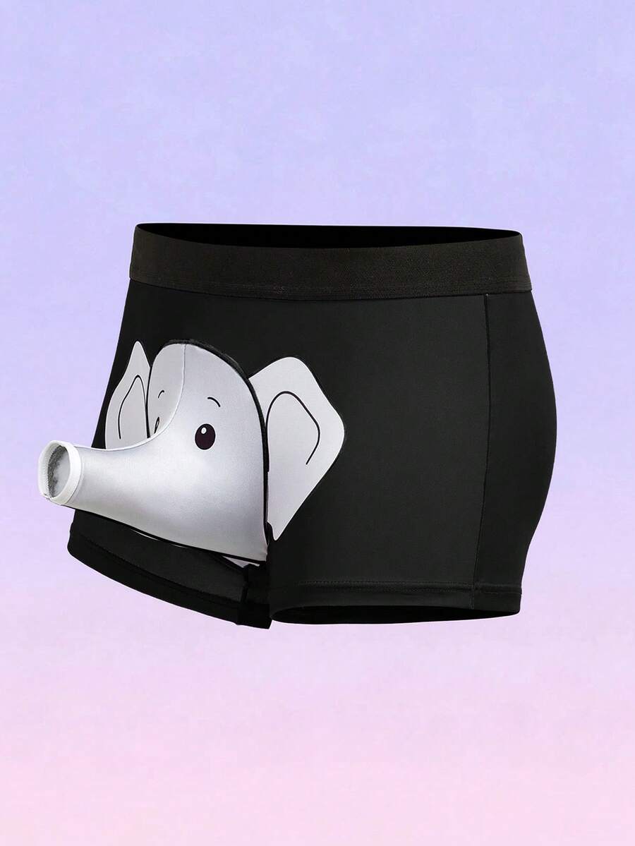 FeverCity Men's Comfortable Elastic Waist Elephant Print Boxer Briefs - Black - View 1