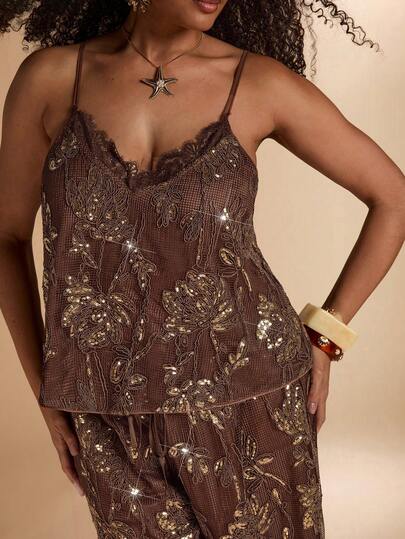 SHEIN BAE Top de camisola con parches de encaje y cuentas para mujer de talla grande, adecuado para vacaciones en la playa