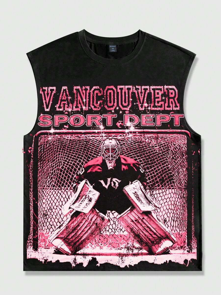 ROMWE MEN Street Life Men's Casual Fashionable Street Wear Everyday Commute Football Player Letter Print Loose Tank Top, Summer - Black - View 1