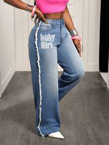 BamGleam Cowgirl Outfit, Non-Stretch Blue Embroidered Straight-Leg Pants, Spring Outfits For Women - Light Wash - View 1