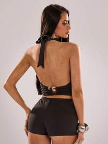 SHEIN BAE Áo hai dây màu nâu kiểu dáng giản dị, cổ yếm, hở lưng, thiết kế độc đáo, gợi cảm, thích hợp cho mùa xuân/hè. - màu nâu - Xem 2