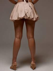 MUSERA Satin Low Rise Brown Bubble Puffball Mini Skirt Spring Summer Holiday Vacation Beach Ibiza Festival Party Elegant Divinity - Khaki - View 4