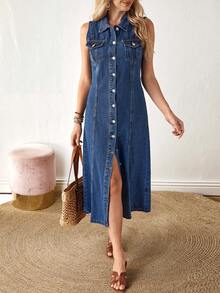 SHEIN Essnce Vestido de mezclilla de verano para mujer con botones frontales y sin mangas de unicolor - Azul - Ver 5