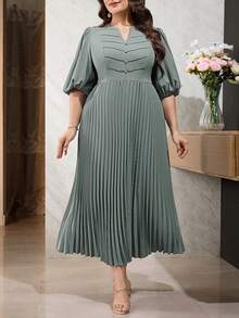 Modelyn Plus Size Solid Color Minimalist Casual Short Sleeve Dress - Green - View 5