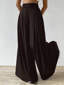 SHEIN EZwear 大码纯色褶裥休闲阔腿裤，春夏款 - 棕色 - 查看 3