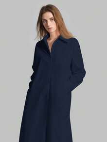 Ontre 2026春夏新款藏蓝色女士休闲宽松度假衬衫，长款蓝色衬衫，女士衬衫，女士纽扣衬衫，通勤装，夏季商务休闲沙滩派对连衣裙，教师服，办公服 - 藏蓝色 - 查看 5