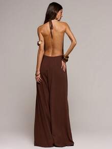 MUSERA Linen Feel Halterneck Loose Fit Wide Leg Jumpsuit Spring Summer Sexy Date Night Club Festival Holiday Night Out Vacation Spring Outfits Soul Ties - Brown - View 4