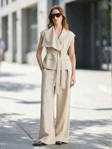 Ontre 2026春夏新款杏色斜纹布腰带短袖马甲，优雅婚礼宾客装扮，简约浪漫法式奢华都市时尚商务休闲办公服饰，低调奢华质感高端品质机场、邮轮、中东活动必备单品，百搭季节性女士西装外套 - 杏色 - 查看 1