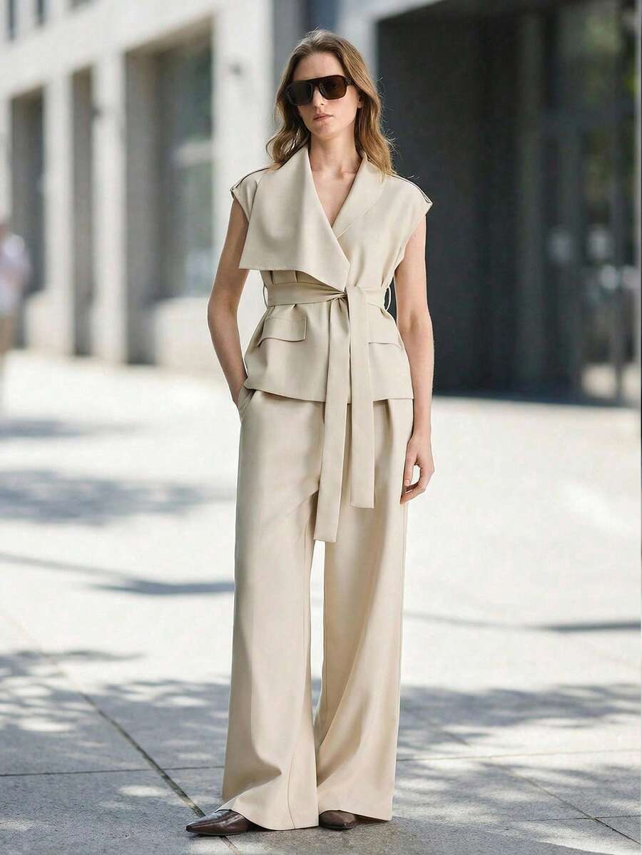 Ontre 2026春夏新款杏色斜纹布腰带短袖马甲，优雅婚礼宾客装扮，简约浪漫法式奢华都市时尚商务休闲办公服饰，低调奢华质感高端品质机场、邮轮、中东活动必备单品，百搭季节性女士西装外套 - 杏色 - 查看 1