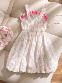 SHEIN 1pc Girls Tulip Print Fabric Collar Ruched Floral Trim Lantern Hem Sleeveless Sweet Simple Casual Vacation Princess Dress - Pink - View 2