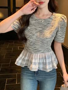 DAZY Women's Round Neck Korean Style Ruffle Trim Short Sleeve T-Shirt Summer - White - View 4