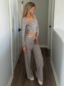 Sydney Algeri 女式条纹简约长袖上衣和系带阔腿裤休闲两件套服装 - 彩色 - 查看 3