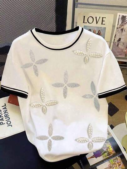 SHEIN 女士时尚水钻和珍珠装饰圆领短袖针织 T 恤
