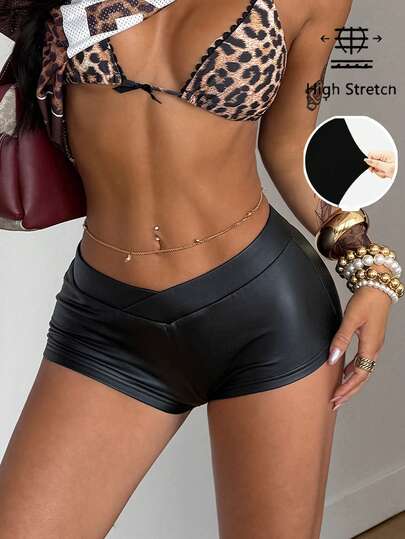 Coolane Women's Spring/Summer Y2K Minimalist Vacation Outfits Going Out Low Rise Stretchy Elastic Waistband Comfortable Stretchy Black Leather Track Shorts