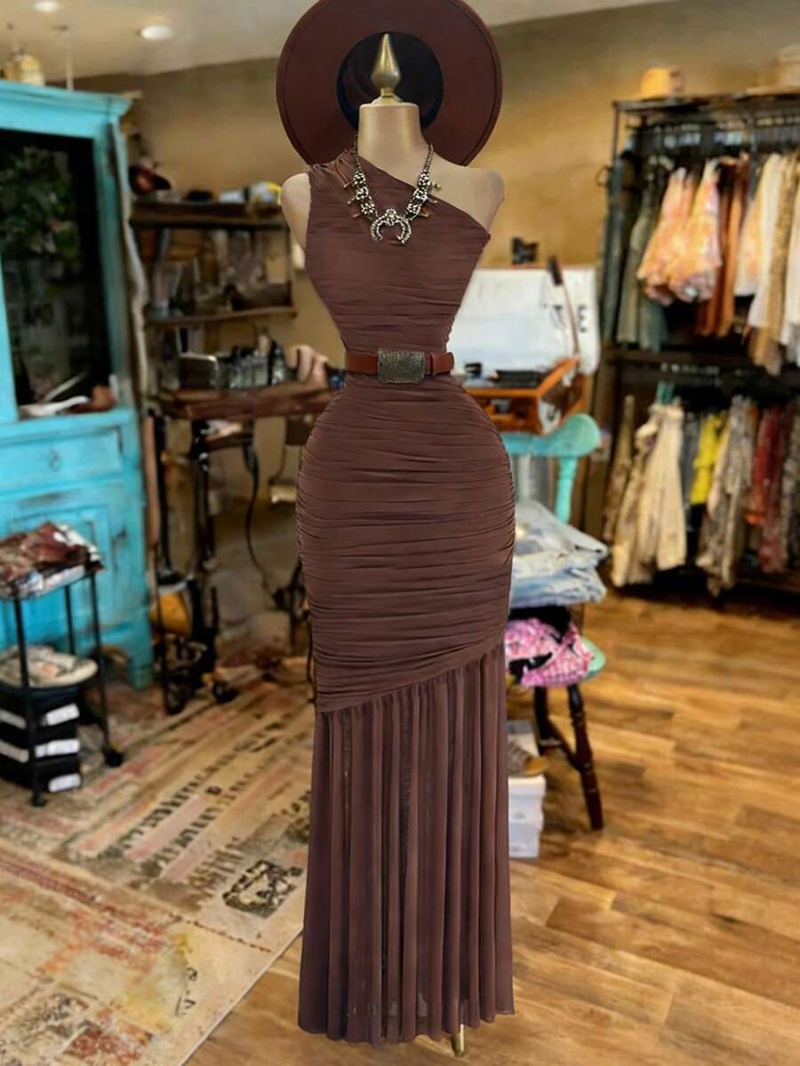 INAWLY 新款女士不对称肩部收腰无袖网纱紧身中长连衣裙 - 咖啡 - 查看 1