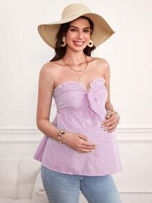 SHEIN Top tubo casual con volantes y nudo delantero con estampado de rayas para mujeres embarazadas - Rosa Fucsia - Ver 4