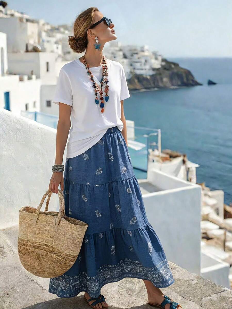 Breezaya 日常度假休闲印花定位花朵，女士春夏半身裙，女士春夏休闲商务装，适合旅行度假，春夏百搭，女士度假装，夏季半身裙灵感。 - 藍色 - 查看 1