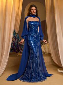 Glamrae Đầm dạ hội sang trọng, thanh lịch, hở vai, đính sequin và thêu họa tiết, dáng đuôi cá, cổ áo được trang trí cầu kỳ, phù hợp cho các lễ hội, đám cưới, dạ tiệc, hòa nhạc, sự kiện kinh doanh và các dịp dành cho người nổi tiếng trên mạng xã hội. - Màu xanh lam - Xem 5