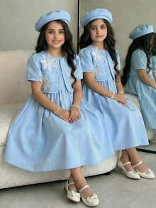 SHEIN Bộ áo khoác tay phồng họa tiết hoa và váy cho bé gái tuổi teen, thích hợp mặc mùa hè. - Màu xanh lam - Xem 8