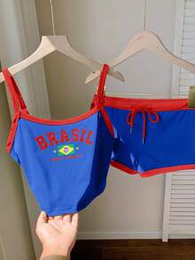 Comfortcana Set Atasan Tanpa Lengan dan Celana Pendek Super Pendek Warna Bendera Brasil - MultiWarna - View 7
