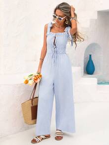 Vivid Eden Damen Geknoteter Rüschen-Saum Lässig Jumpsuit für den Urlaub - Blau - Übersicht 10