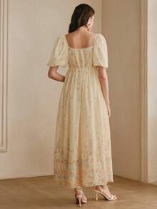 Anewsta Elegant V-Neck Puff Sleeve Embroidered Floral Vacation Dress For Women, Spring/Summer - Apricot - View 2