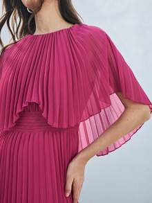 Ontre 2026SS New Arrival Spring/Summer Women's Long Dress, Hot Selling Solid Fuchsia Dress, Round Neck Pleated Elegant Short Sleeve Dress With Shawl Layered Effect, Suitable For Holiday, Wedding Guest, Tea Party, Independence Day, Vintage Chic, Minimalist Elegant Urban Modern Fashion Versatile Long Dress Dark Pink Dresses For Woman Pleated Dress - Pink - View 3