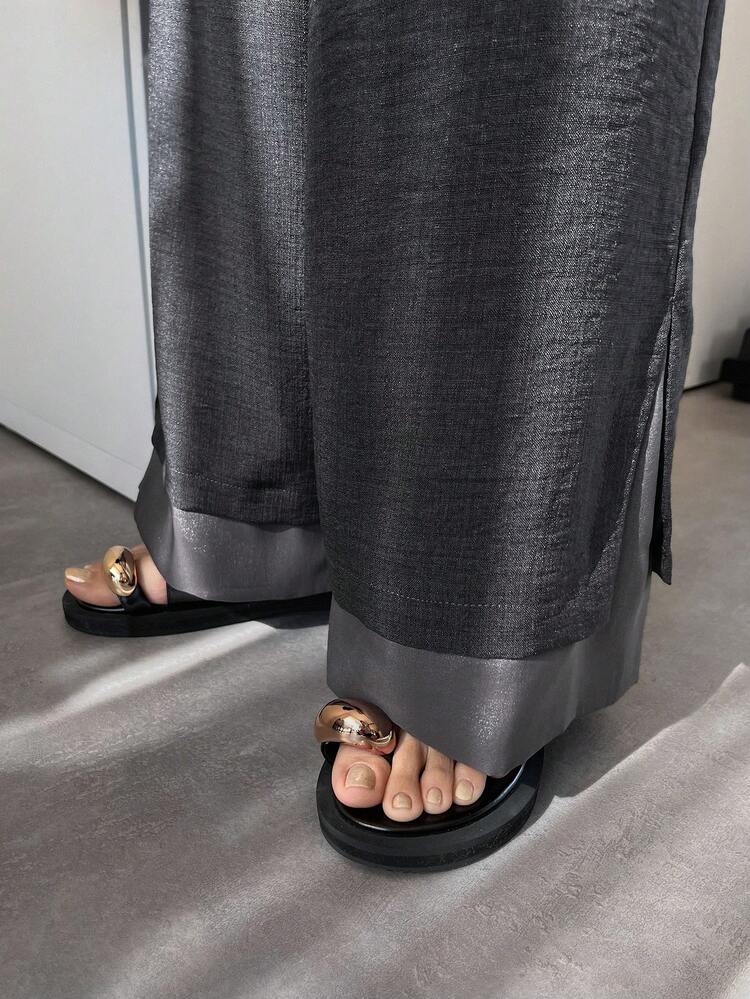 Women's Elastic Waist Drawstring Tie Loose Straight Leg Pants With Contrast Color Patchwork Design