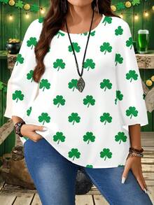 EMERY ROSE Kemeja Wanita Ukuran Besar Longgar Lengan 3/4 Motif Daun Semanggi Hijau Vintage Kasual Hari St. Patrick, Cocok untuk Musim Panas - Hijau - View 4