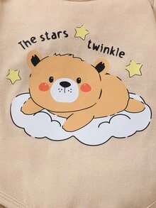 SHEIN 5pcs/Set Newborn Baby Boy Cute Bear Print Romper + Pants + Hat + Bib + Mittens - Khaki - View 7