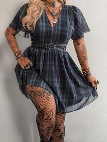 Whyspr Plus Size Plaid V Neck Flounce Sleeve Short Casual A Line Dress For Women - Multicolor - View 4