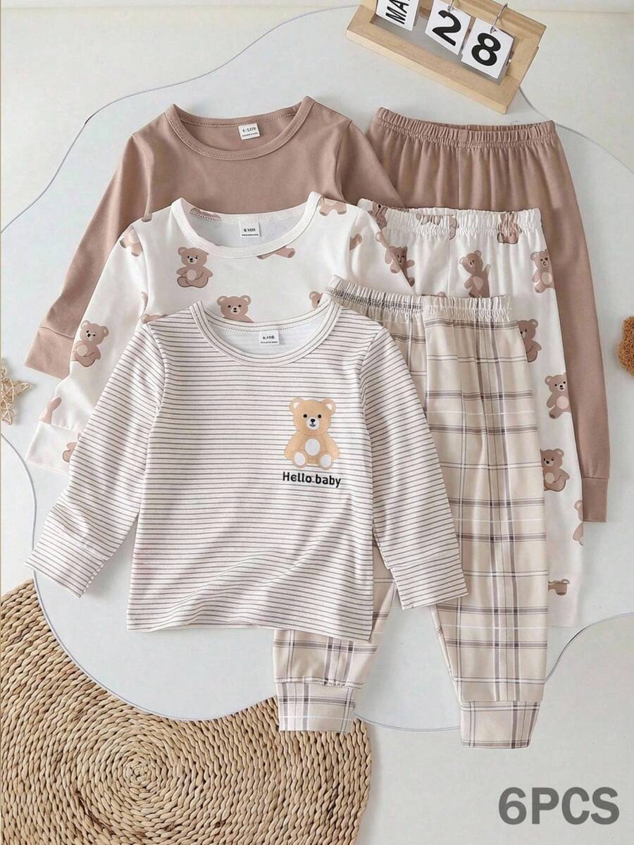 3 Conjuntos (6 piezas) de Pijama de Manga Larga con Cuello Redondo y Pantalones para Bebés/Niños Pequeños, Diseño Suave y Lindo de Oso, Gran Regalo para Niños Pequeños - Multicolor - Ver 1