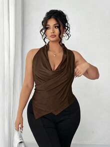 Elenzga Atasan Tank Top Wanita Ukuran Besar Warna Polos dengan Leher Silang dan Bahan Mengkilap yang Sangat Elastis - Coklat - View 7