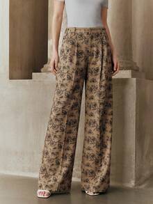 Anewsta Women's Khaki Floral Print Office Pants, Waist Design, Casual Suit Pants For Commuting - Khaki - View 4