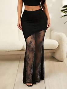 SHEIN SXY Minifalda sexy de encaje y parches para citas y fiestas - Negro - Ver 1