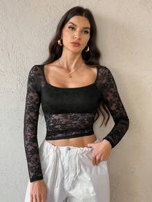 SHEIN Tall 女士花卉蕾丝领长袖修身时尚衬衫 - 黑色 - 查看 6