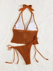 Swim Vcay Burnt Orange Crocheted Halter Tankini For Women Plain Pattern With Lace Up And Tie Side Bottoms Elegant Sexy Style Beach Vacation Summer - Orange - View 5
