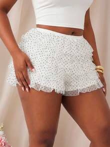 SHEIN SXY Quần short cỡ lớn in chấm bi, chất liệu lưới phối nhiều mảnh, co giãn, kiểu dáng công nghiệp, cạp cao xếp lớp, thích hợp mặc hàng ngày, trang phục phương Tây, trang phục đi du lịch, lễ hội âm nhạc, hòa nhạc, tiệc hóa trang, kỳ nghỉ biển, hẹn hò, sinh nhật, tiệc tùng, câu lạc bộ, dễ thương, giản dị, mua sắm, thời trang đường phố, đi chơi, dễ phối đồ và giúp thon gọn, tôn dáng, làm nổi bật vóc dáng, ngày Valentine. - trắng - Xem 4