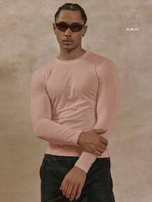 Musero 男士修身长袖轻薄圆领T恤上衣，秋冬必备胶囊衣橱叠穿单品 - 藕粉色 - 查看 1