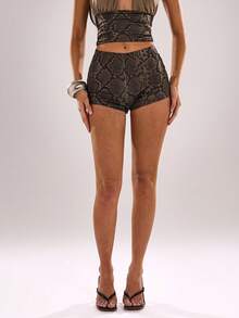SHEIN BAE Schlangenhaut-Muster Tief Taille Super Kurze Shorts, Braun Kariert, Sommer, Sexy Chic, Nachtausgang, Festival, Musik Tanz Party Clubwear - Khaki - Übersicht 3