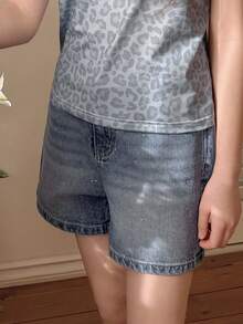 DAZY Tween Girls Rhinestone Embellished Casual Denim Shorts - Dark Wash - View 4
