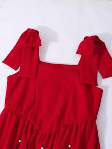 1pc Girls' Princess Style Red Spaghetti Strap Bow Midi Dress, Sleeveless Square Neck Lightweight Summer Vacation Party Dress, Spring/Summer - Red - View 3