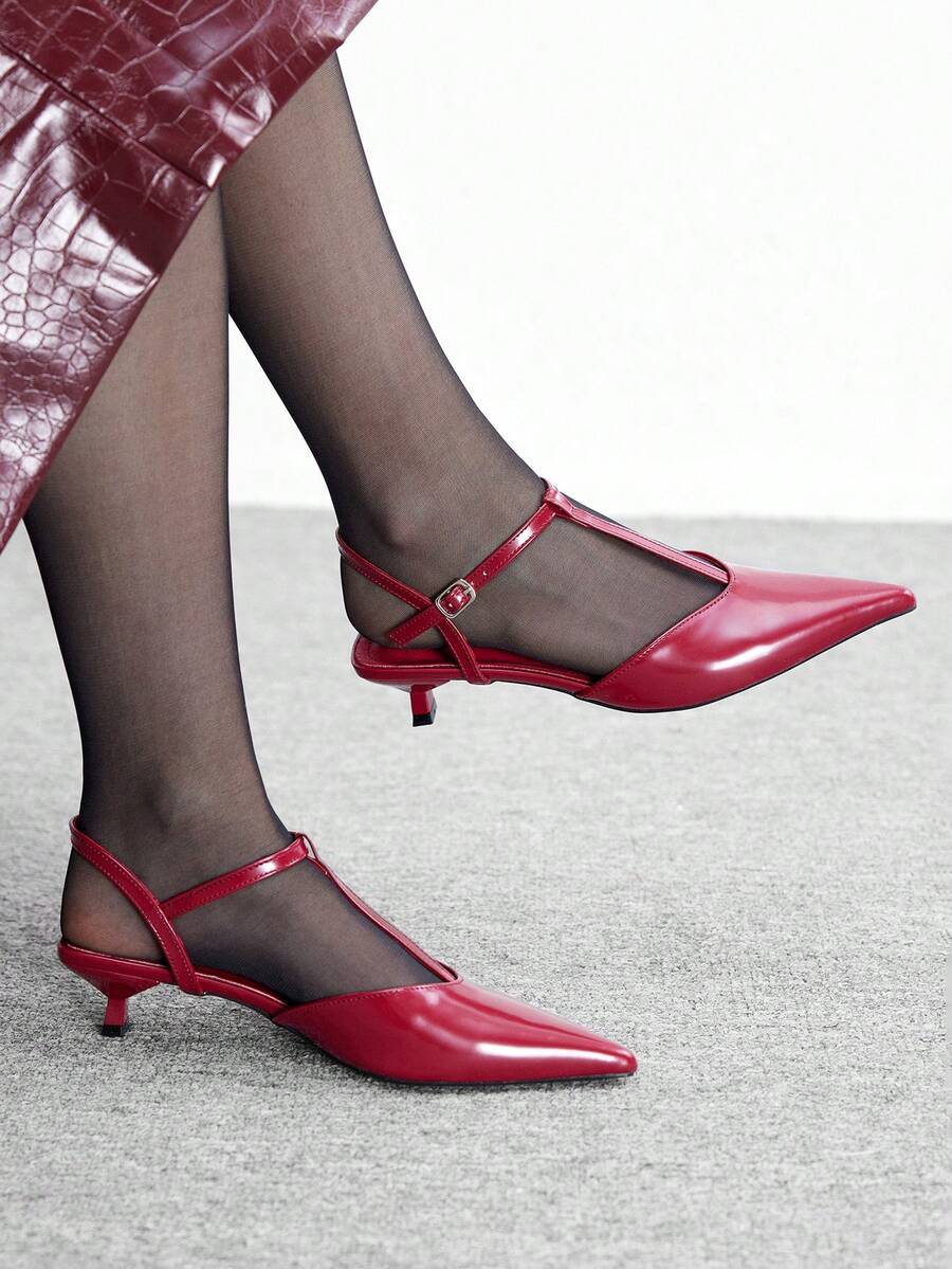 CUCCOO BIZCHIC Women's Patent Leather Pointed Toe T-Strap Backless Stiletto Heel Sandals, Fashionable Minimalist Design For Commuting - Red - View 1