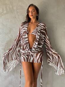 Aloruh 女士春夏新款斑马纹雪纺连衣裙，深V领长袖连衣裙，夸张喇叭袖，优雅性感透视度假连衣裙，沙滩裙 - 彩色 - 查看 5