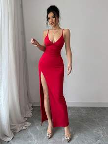Arcane Artistry 女士优雅性感高开叉荷叶边吊带长裙，红色，夏季 - 紅色 - 查看 4